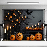 Aperturee Aperturee Spooky Halloween Fireplace Photography Backdrop Mantel with Jack O’ Lanterns and Candles Gothic Bats Wall Decor